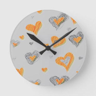 Trendy grey orange heart scribble pattern gifts round clock