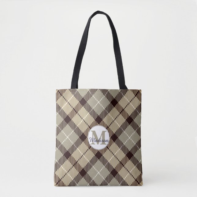 Trendy Grey Plaid Tartan Monogram Script Teacher Tote Bag (Front)