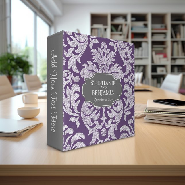Trendy Grey & Purple Damask Pattern Wedding Date Binder (Custom Wedding and Anniversary Binder - Personalize with Bride and Groom)