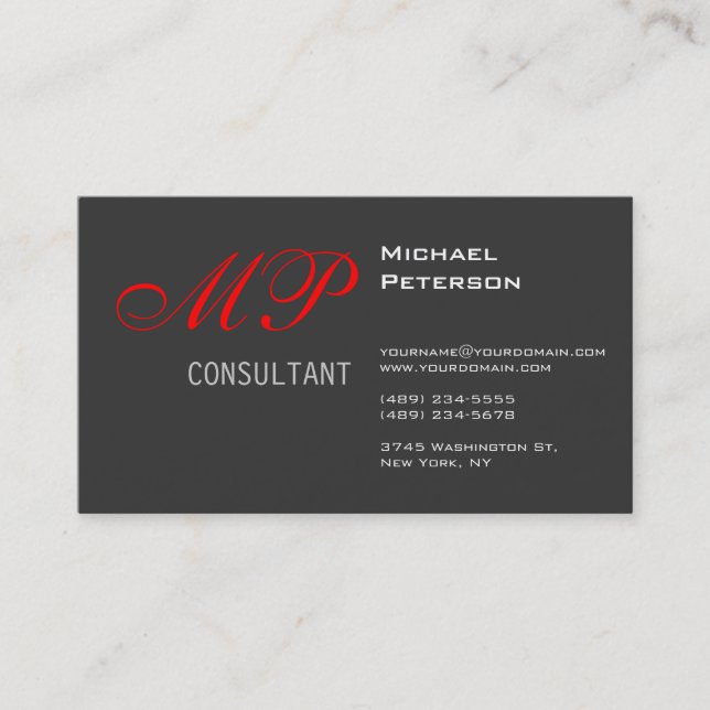 Trendy Grey Red Monogram Business Card (Front)