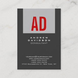 Trendy Grey Stripe Red Monogram Business Card