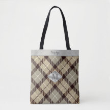 Trendy Grey Tartan Metallic Monogram Name Teacher