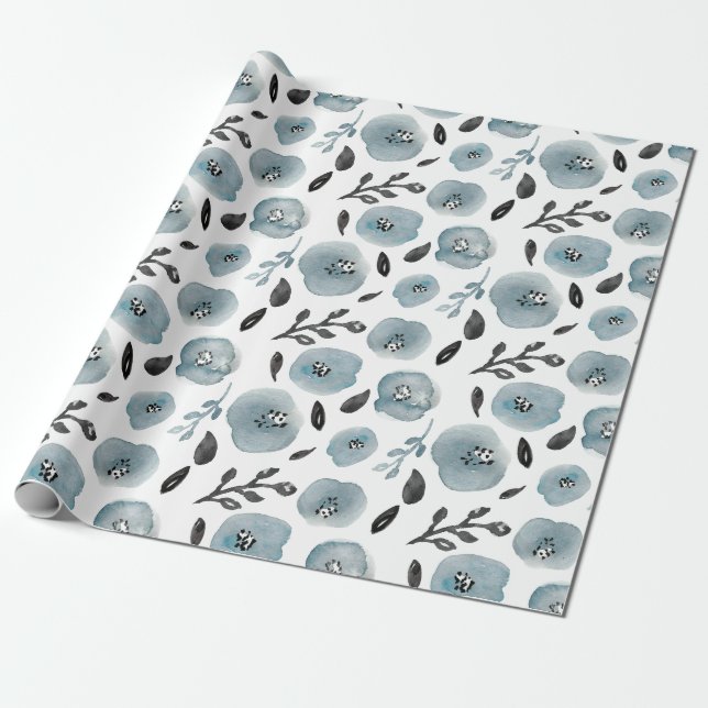 Trendy Grey Watercolors Flowers Wrapping Paper (Unrolled)