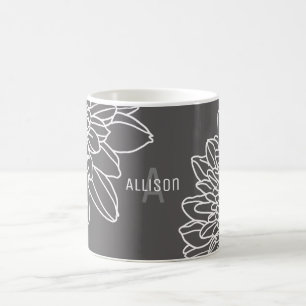 Trendy Grey White Flowers Name Initial Coffee Mug