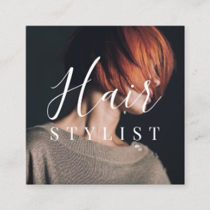 Trendy hairdresser white script hairdresser photo square business card