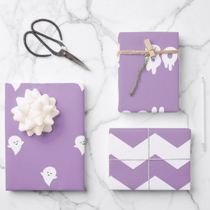 Trendy Halloween Cute Pastel Purple Boo Ghost 3 Wrapping Paper Sheet