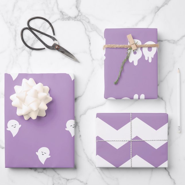 Trendy Halloween Cute Pastel Purple Boo Ghost 3 Wrapping Paper Sheet (Front)