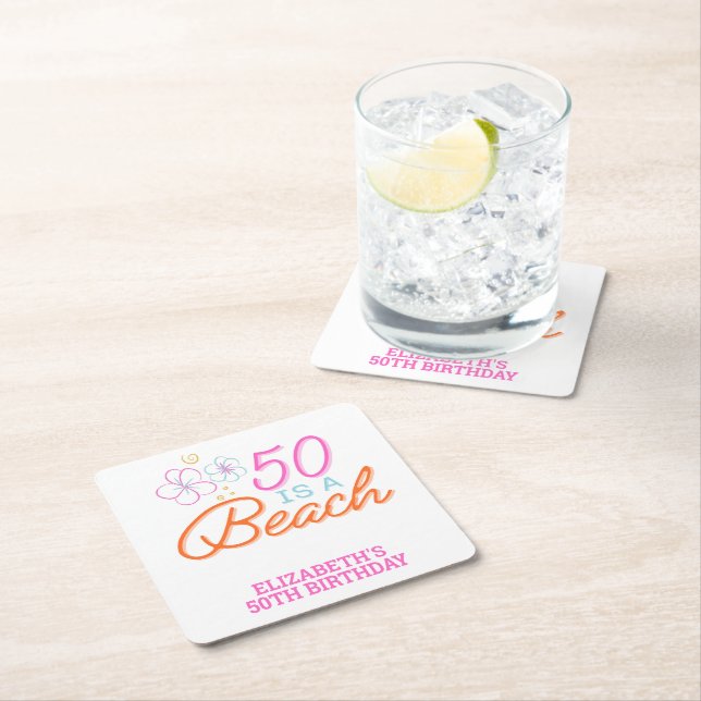  Trendy Hand Drawn 50th Beach Birthday Square Paper Coaster (Insitu)