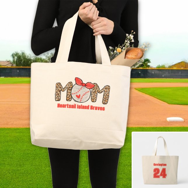 Trendy Hand drawn Baseball Mom Personalized  Large Tote Bag (Trendy Baseball Mom Personalized tote bag)