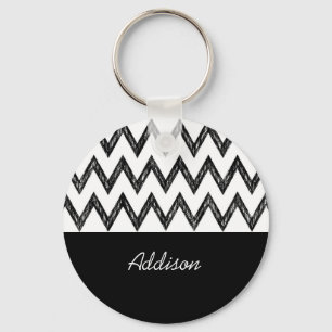 Trendy Hand Drawn Black and White Chevron and Name Keychain