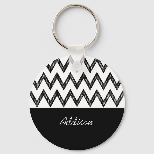 Trendy Hand Drawn Black and White Chevron and Name Keychain (Front)