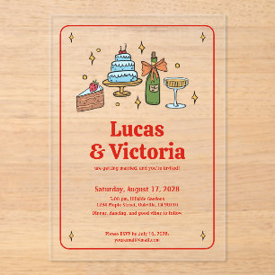 Trendy Hand Drawn Bold Red Whimsical Wedding Acrylic Invitations