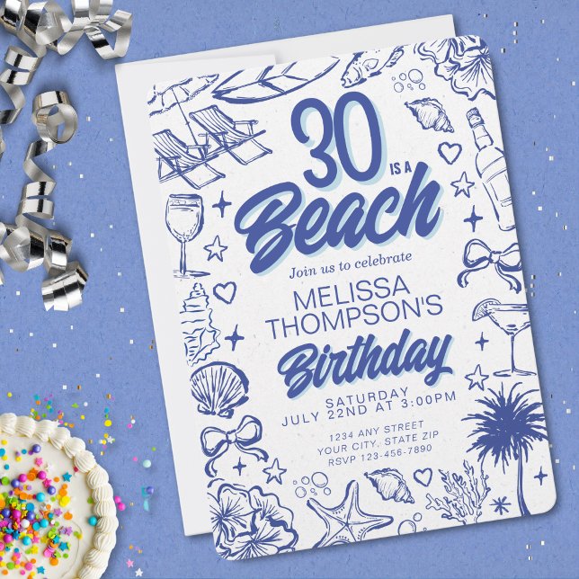 Trendy Hand Drawn Doodle 30 Is A Beach Birthday Invitation (Creator Uploaded)