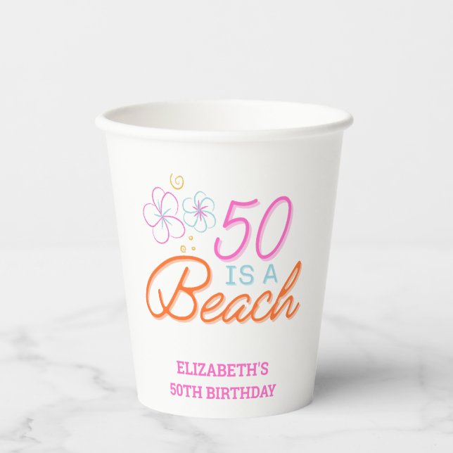  Trendy Hand Drawn Doodle 50th Beach Birthday  Paper Cups (Front)