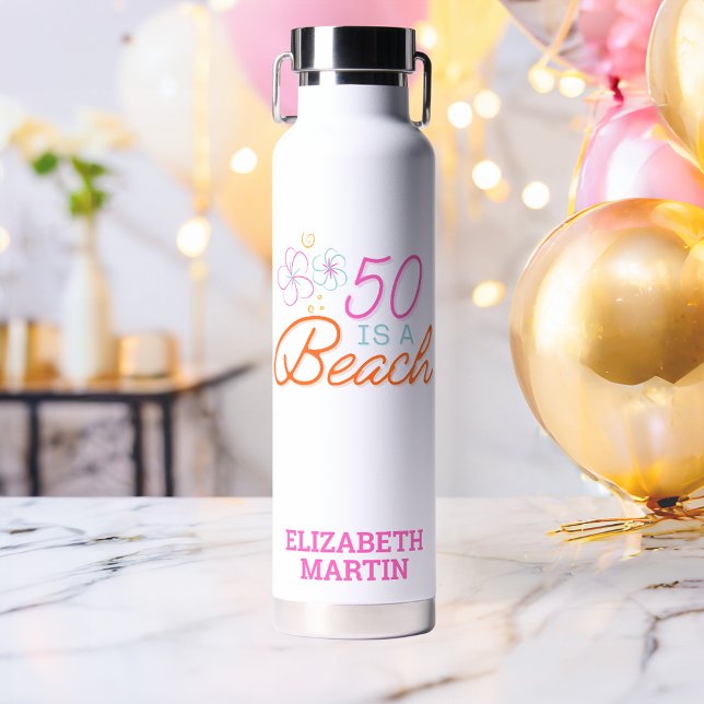  Trendy Hand Drawn Doodle 50th Beach Birthday  Water Bottle (Creator Uploaded)