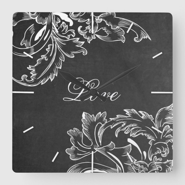 trendy hand drawn floral black board chalk effects square wall clock (Front)