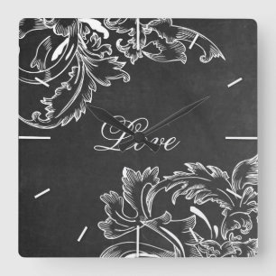 trendy hand drawn floral black board chalk effects square wall clock