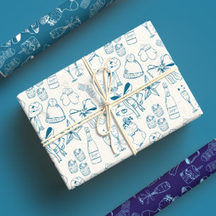 Trendy Hand Drawn Monochrome Blue & White Holiday Wrapping Paper Sheet