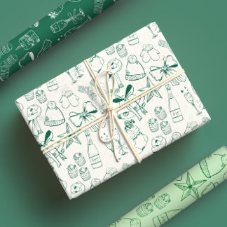 Trendy Hand Drawn Monochrome Green & White Xmas Wrapping Paper Sheet