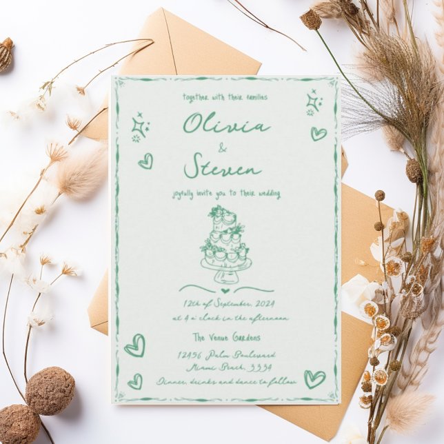 Trendy Hand Drawn Quirky Scribble Sage Wedding Invitation (Creator Uploaded)