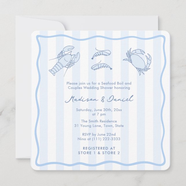 Trendy Hand-Drawn Seafood Boil Wedding Shower Invitation (Front)