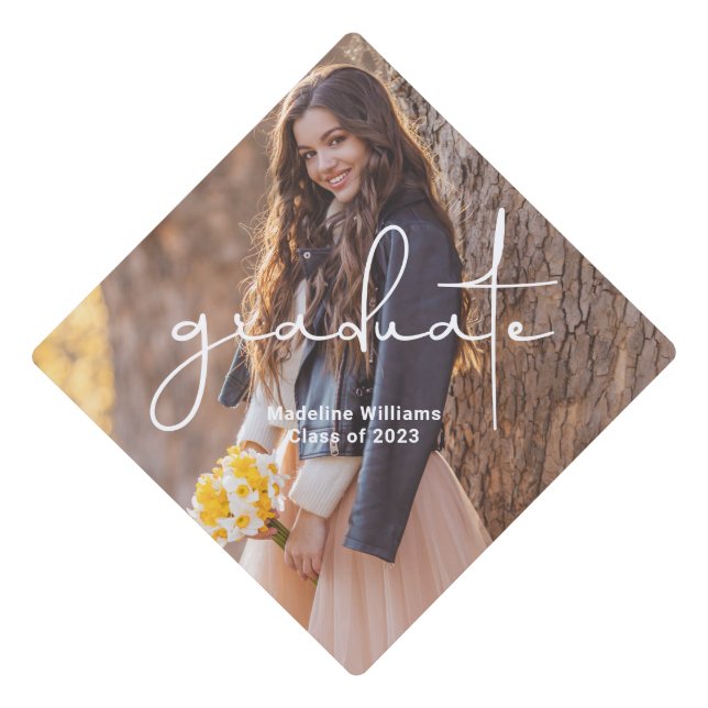 Trendy Hand Lettered Script Photo  Graduation Cap Topper (Front)