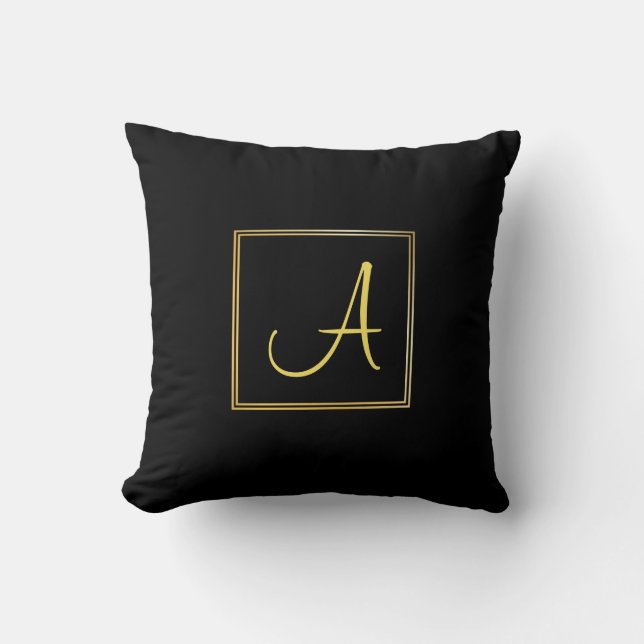 Trendy Hand Script Name A Black Gold Monogrammed Throw Pillow (Front)