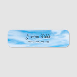 Trendy Handwritten Script Name Blue Sky Clouds Name Tag