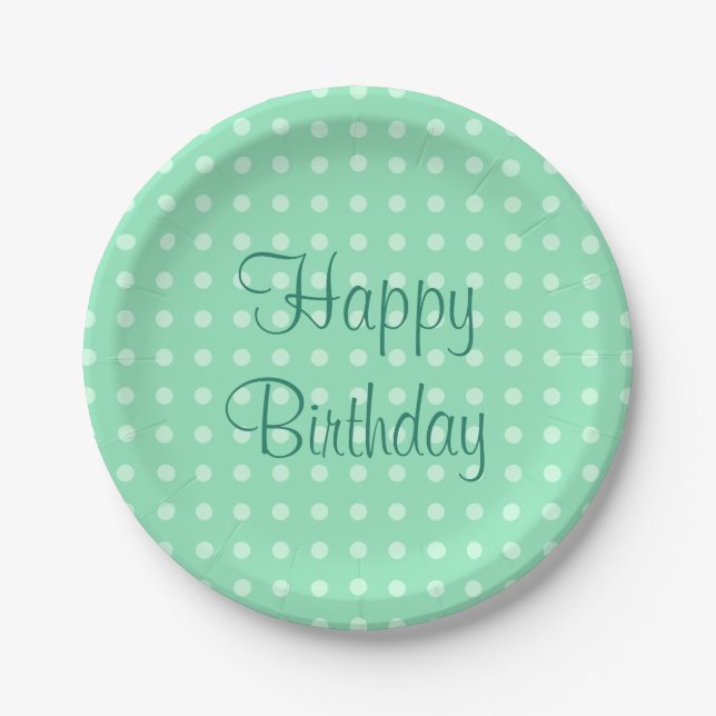 Trendy Happy Birthday Text Dots Rustic Mint Green Paper Plate (Front)