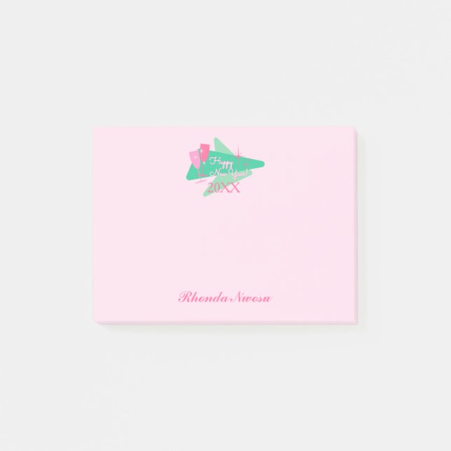 Trendy Happy New Year Pink and Green Post-it Notes (Front)