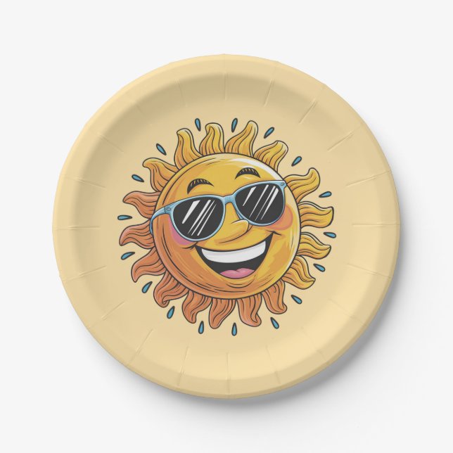 Trendy Happy Yellow Sun with Sunglasses   Paper Plate (Front)