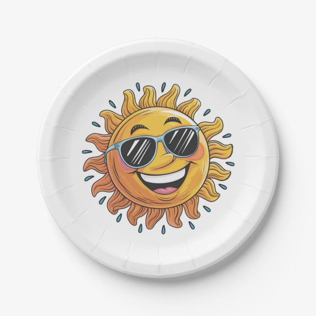 Trendy Happy Yellow Sun with Sunglasses   Paper Plate (Front)