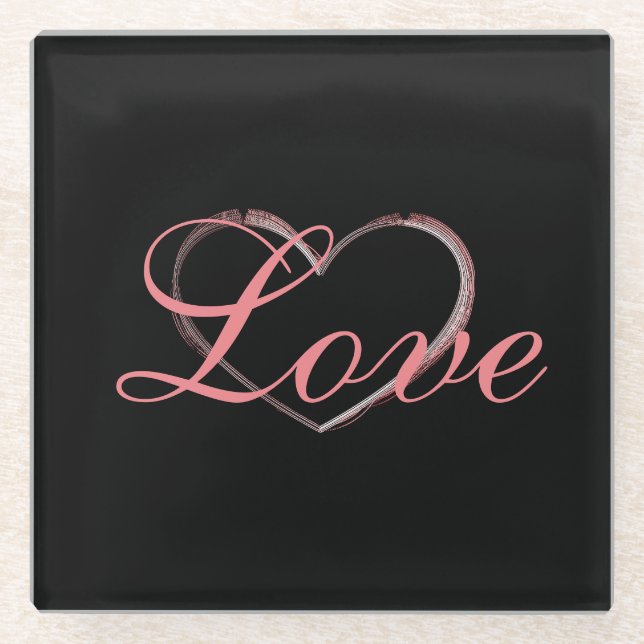 Trendy Heart Grey Calligraphy Love Wedding Glass Coaster (Front)
