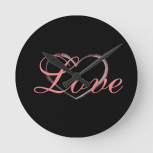 Trendy Heart Grey Calligraphy Love Wedding Round Clock