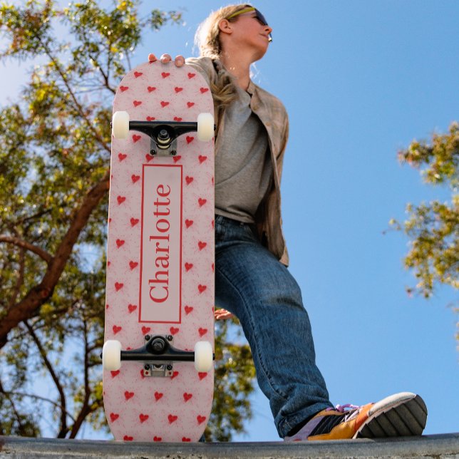 Trendy Heart Pattern Red Personalize Skateboard (Pretty Heart pattern Girls name red and pink skateboard )