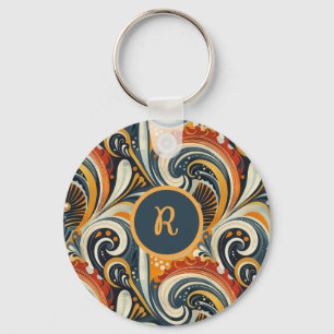 Trendy Hip Retro Orange Deep Teal Swirls Monogram  Keychain