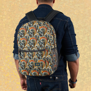 Trendy Hip Retro Orange Deep Teal Swirls Monogram Printed Backpack