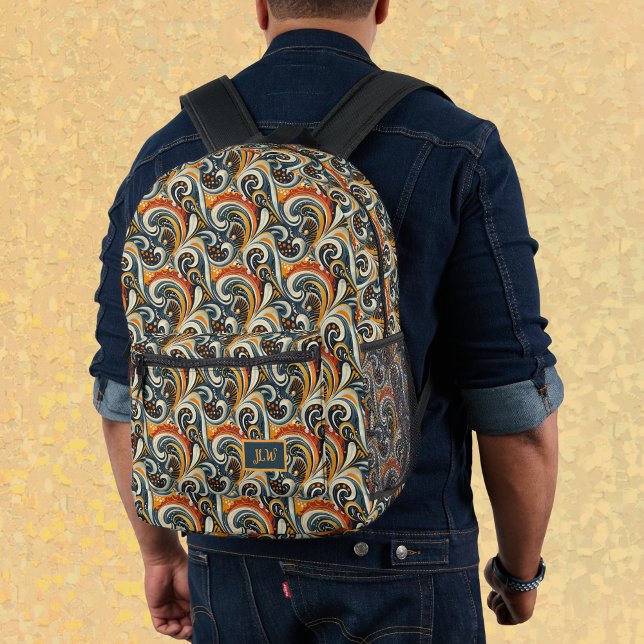 Trendy Hip Retro Orange Deep Teal Swirls Monogram  Printed Backpack (Creator Uploaded)