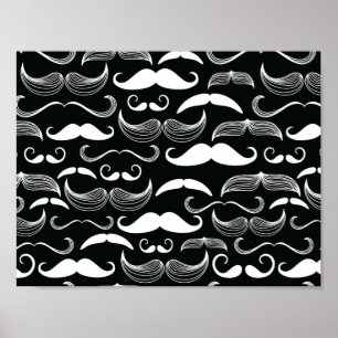 Trendy Hipster Black and White Moustache Pattern Poster