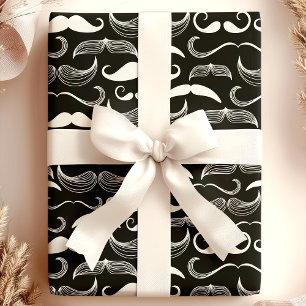 Trendy Hipster Black and White Moustache Pattern Wrapping Paper