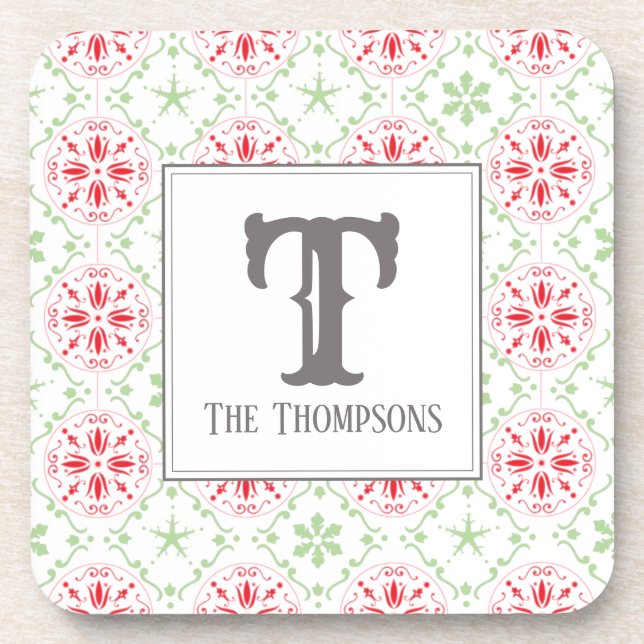 Trendy Holiday Snowflakes Christmas Monogram Coaster (Front)