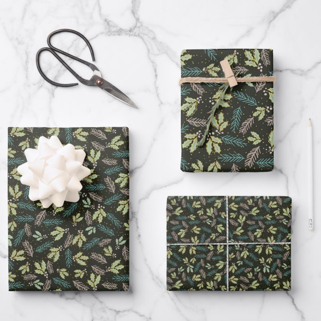 Trendy Holly Christmas  Wrapping Paper Sheet (Front)