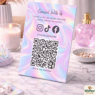 Trendy Holographic QR Code   Connect With Us  Pedestal Sign