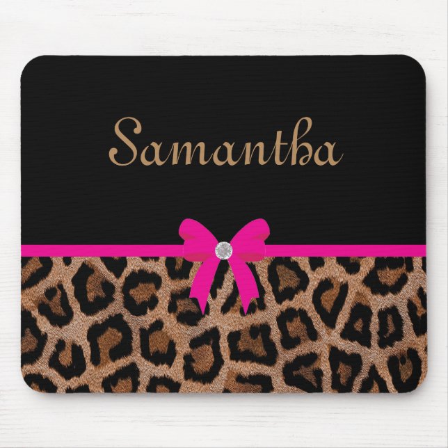 Trendy Hot Pink and Black Leopard Bow Mouse Pad (Front)