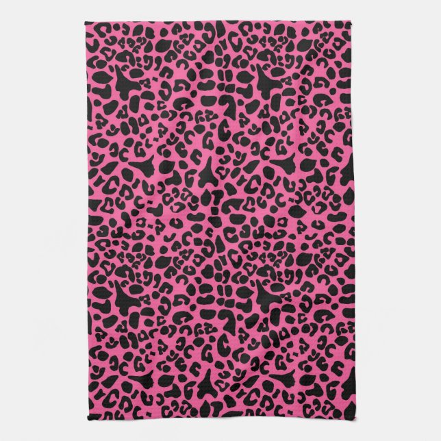 Trendy Hot Pink and Black Modern Leopard Print Kitchen Towel (Vertical)