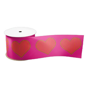 Trendy Hot Pink and Orange Glitter Heart  Satin Ribbon