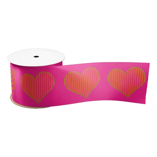 Trendy Hot Pink and Orange Glitter Heart  Satin Ribbon (Spool)