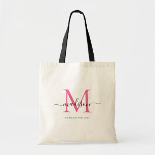 Trendy Hot Pink Black Monogram Initial Script Name Tote Bag