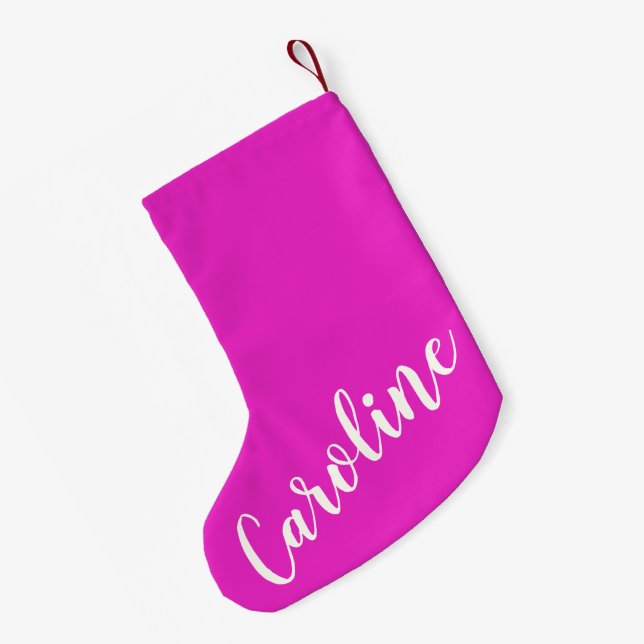 Trendy Hot Pink Calligraphy Personalized Name Small Christmas Stocking (Back (Hanging))