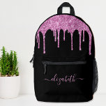 Trendy Hot Pink Glitter Personalized Printed Backpack<br><div class="desc">Personalized chic,  elegant and girly black backpack with hot pink faux glitter drips. Personalize with your name in a stylish trendy light pink script with swashes. You can adjust the size of the script font in the design tool for shorter or longer names.</div>
